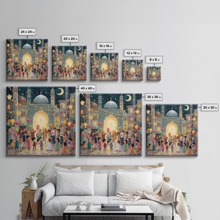 Whimsical Eid Festival Mosque Wall Art, Children With Balloons Islamic Decor, Ramadan Celebration Nursery Art Print Gift
