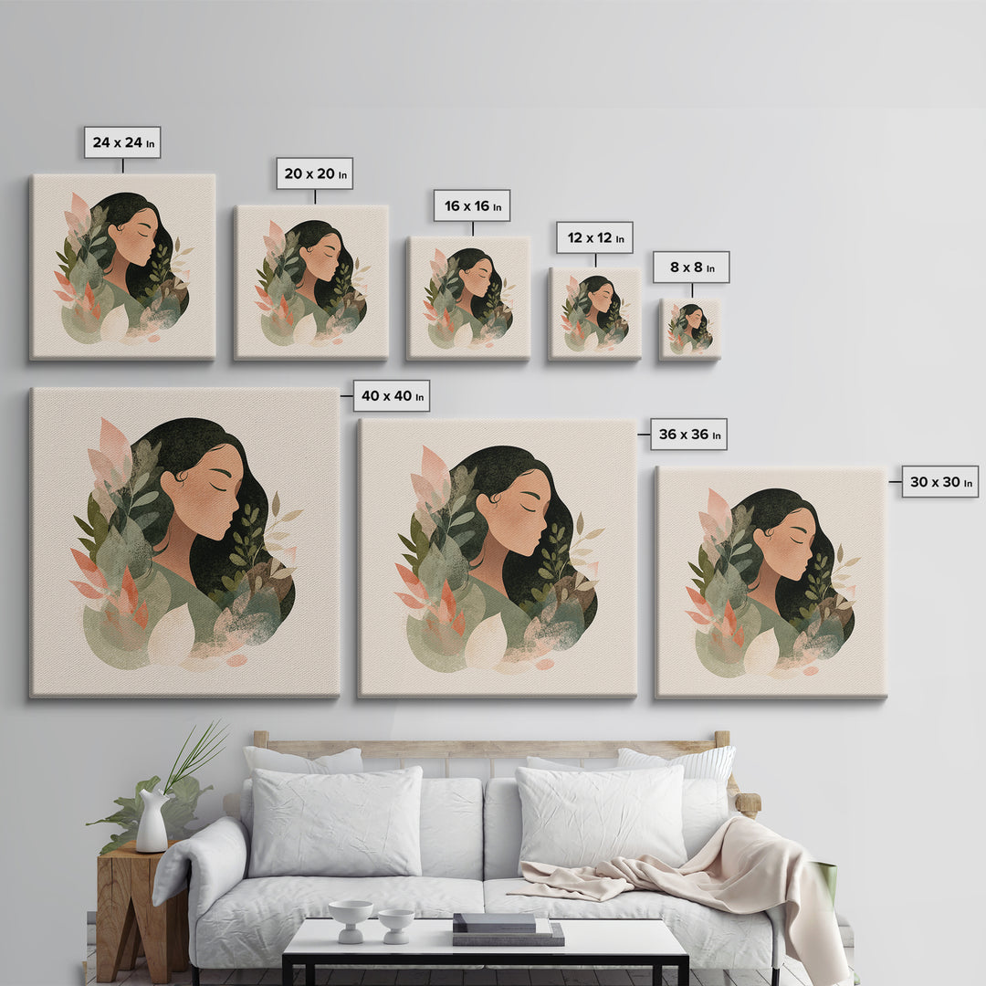 Serene Botanical Woman Portrait Canvas Print, Neutral Boho Wall Decor, Minimalist Art Print For Bedroom Living Room Home Decor