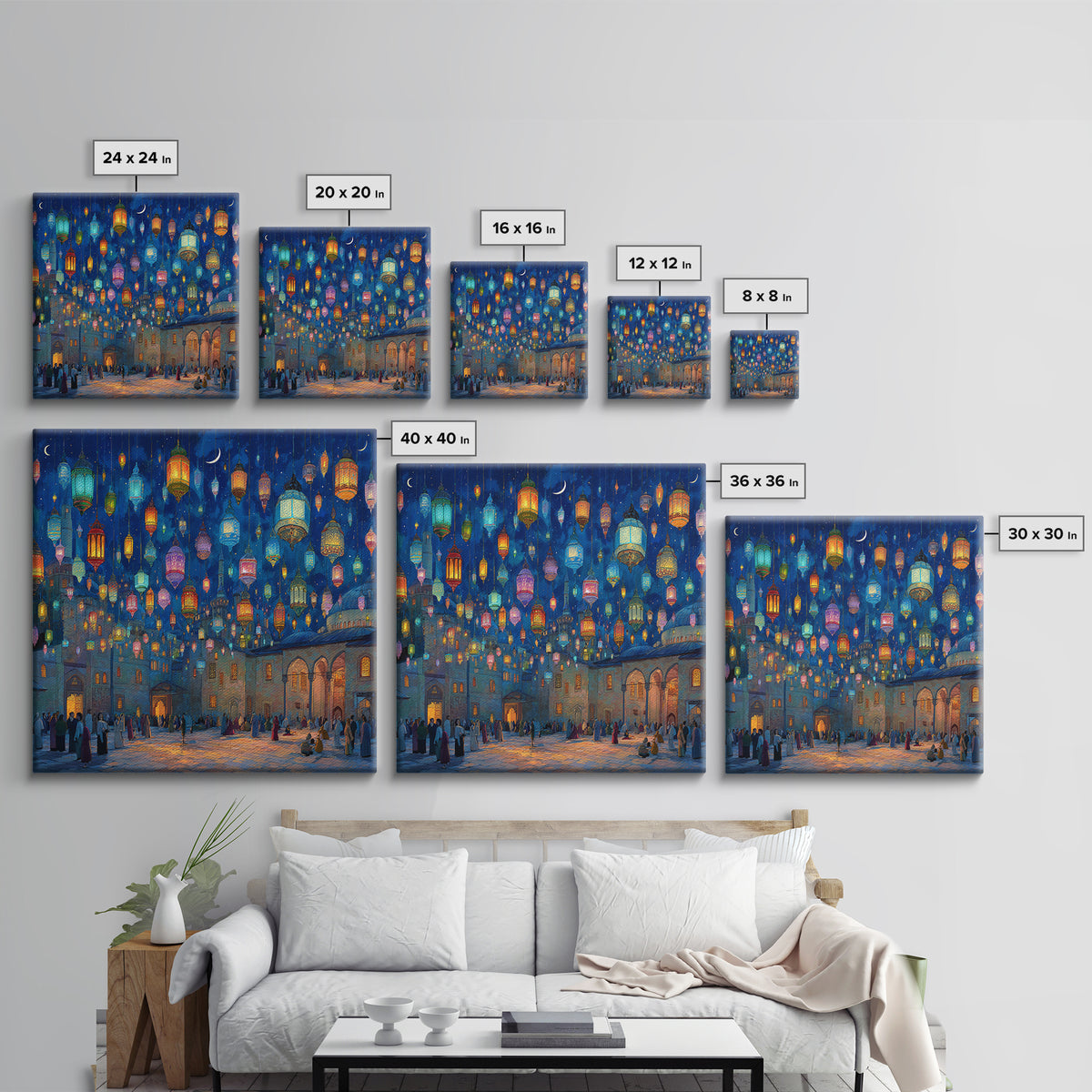 Colorful Ramadan Lanterns Over Courtyard Wall Art, Islamic Canvas Print, Arabic Home Decor, Eid Gift, Mystical Night Scene