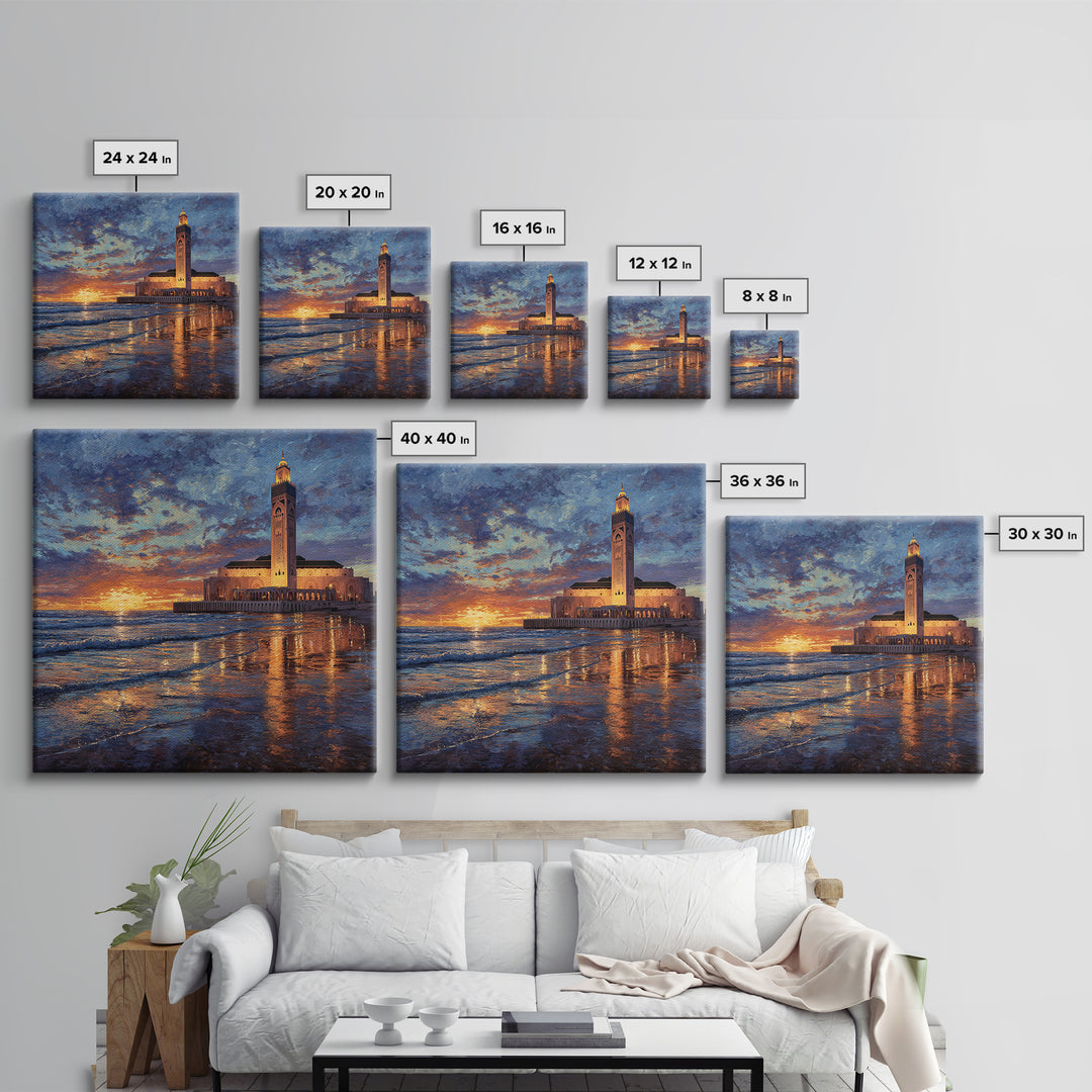 Sunset Mosque On Moroccan Coast Canvas Print, Islamic Wall Art, Ocean Seascape, Morocco Travel Poster, Coastal Home Decor