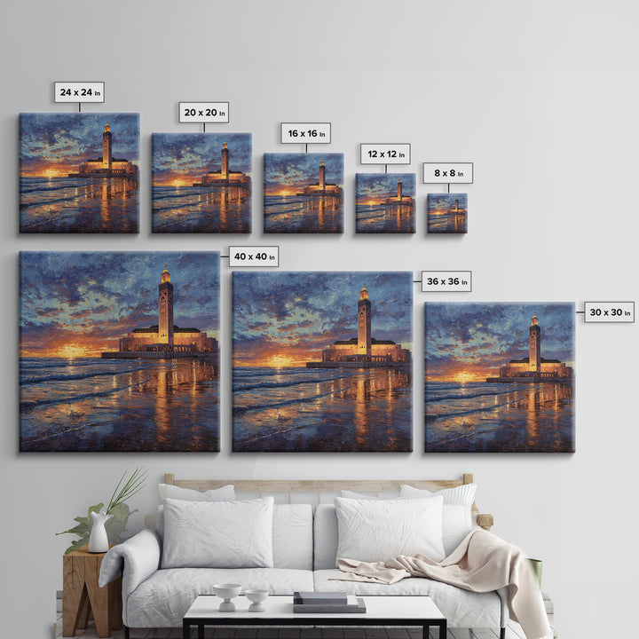 Sunset Mosque On Moroccan Coast Canvas Print, Islamic Wall Art, Ocean Seascape, Morocco Travel Poster, Coastal Home Decor