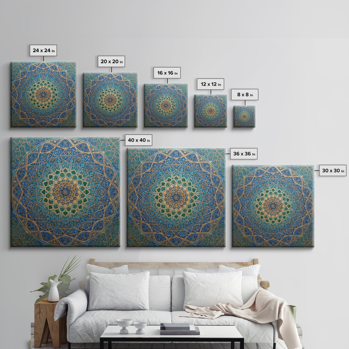 Blue Gold Islamic Geometric Mandala Wall Art, Moroccan Mosaic Canvas Print, Arabic Decor Gift For Prayer Room