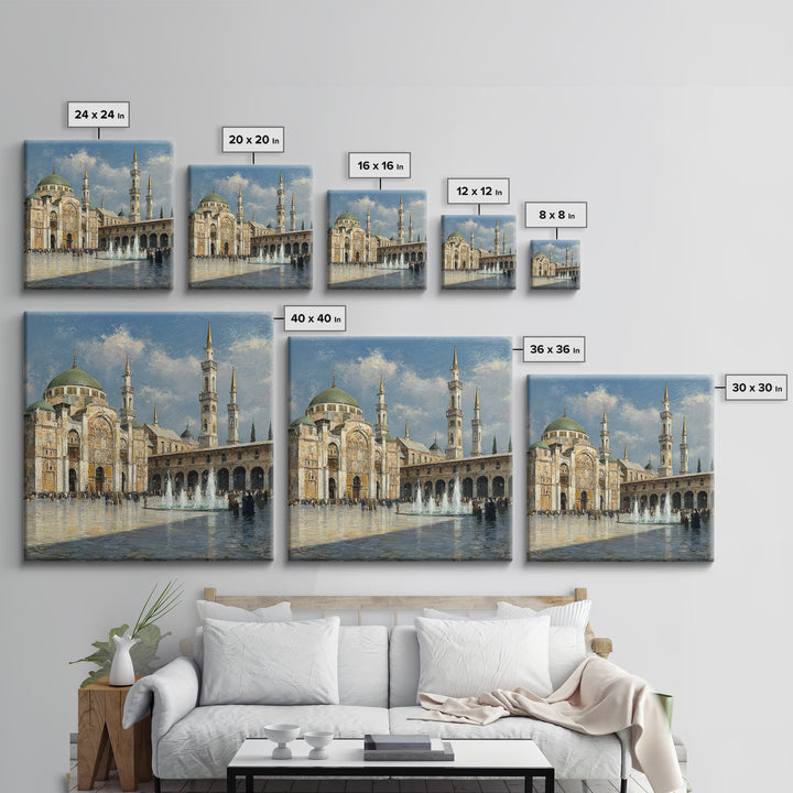 Grand Mosque Courtyard Framed Canvas Print, Islamic Architecture Wall Art, Impressionist Travel Poster, Elegant Office Decor
