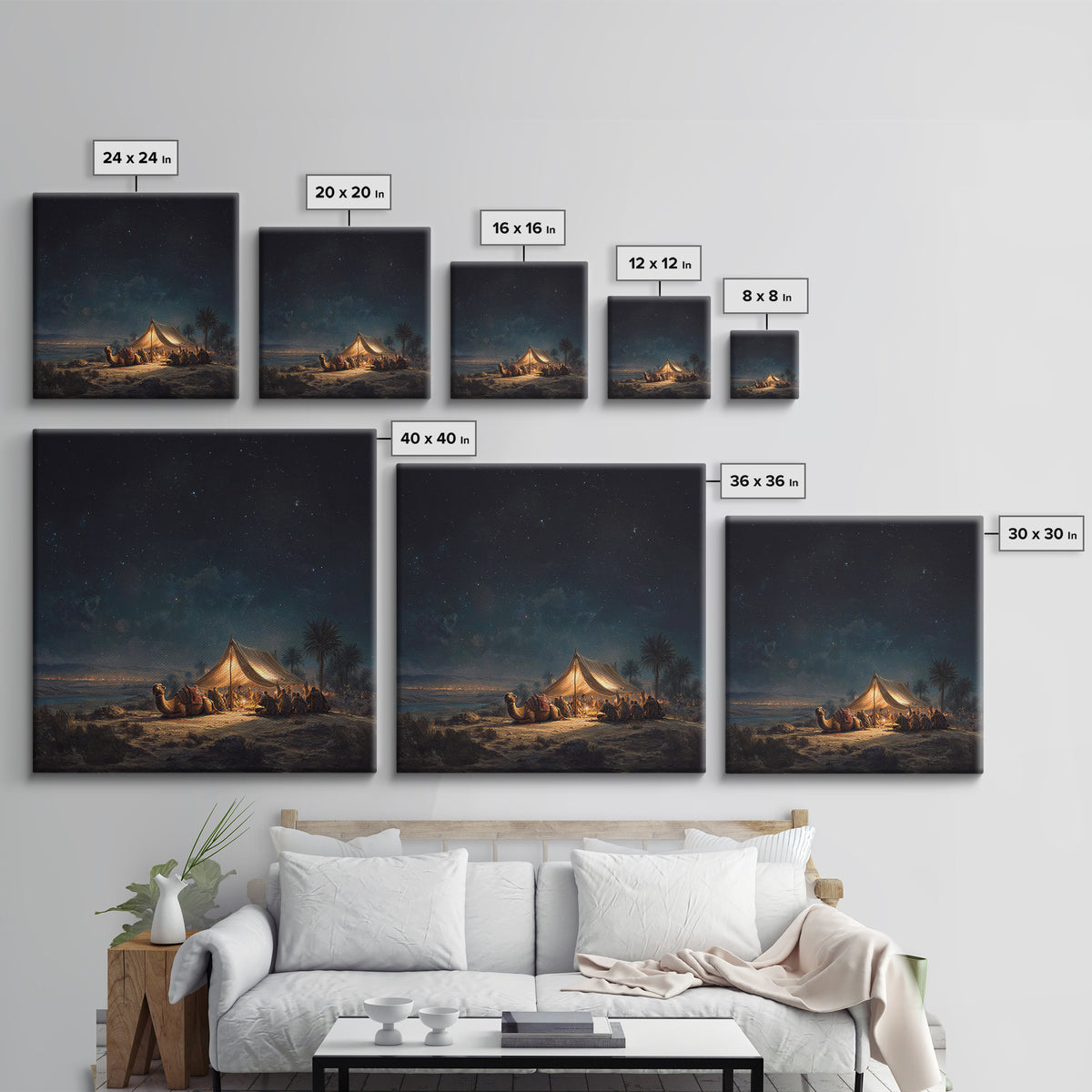 Starlit Desert Camp Canvas Print, Camel Caravan Landscape Art, Celestial Night Sky Wall Decor, Boho Travel Poster Gift For Him