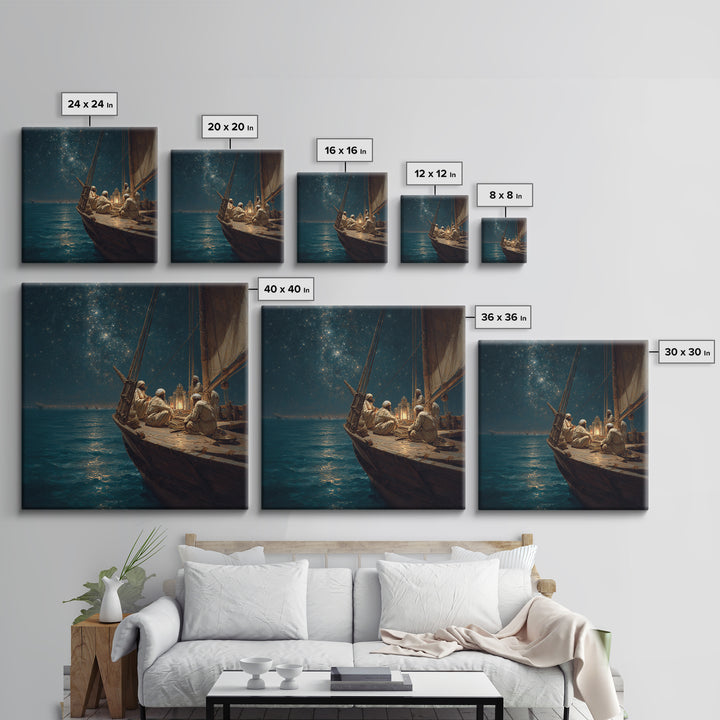 Starlit Arabian Sailboat Canvas Print, Nautical Wall Art, Ocean Night Seascape, Coastal Decor, Travel Inspired Art, Starry Sky