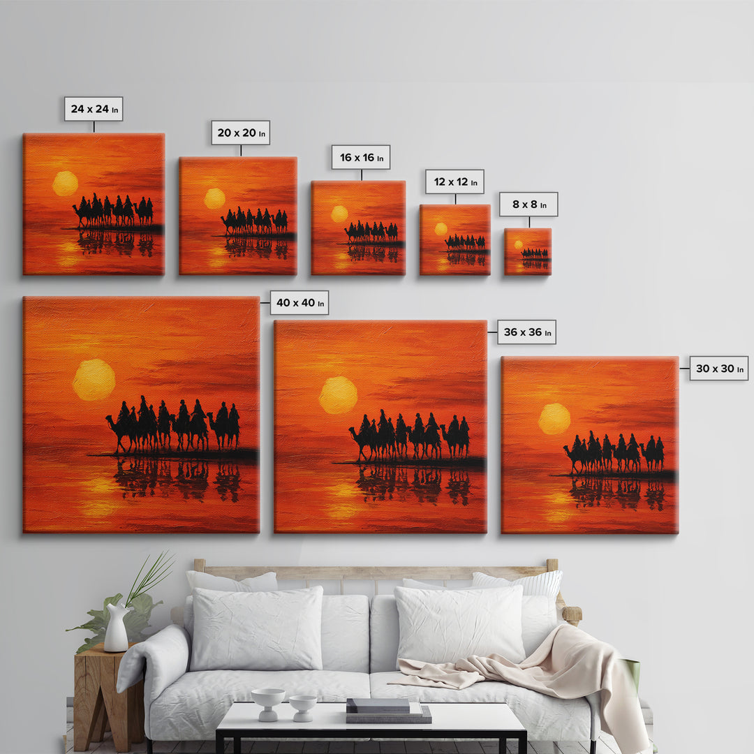 Camel Caravan At Orange Desert Sunset Wall Art, Moroccan Travel Canvas Print, Sahara Landscape Decor, Boho Housewarming Gift
