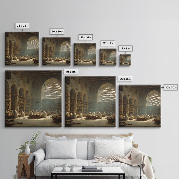 Sunlit Ancient Library Scholars Wall Art, Islamic Architecture Canvas, Dark Academia Decor, Historical Fine Art Print Gift
