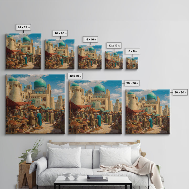 Turquoise Dome Bazaar Wall Art, Silk Road Market Painting, Islamic Architecture Decor, Moroccan Style Travel Art Print, Canvas Print