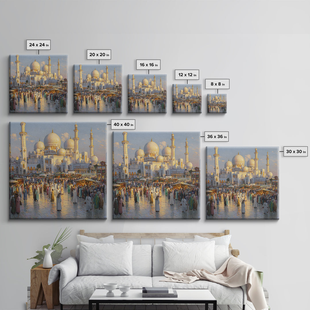 Grand White Mosque And Market Crowd Wall Art, Islamic Architecture Print, Middle Eastern Decor, Travel Gift For Living Room