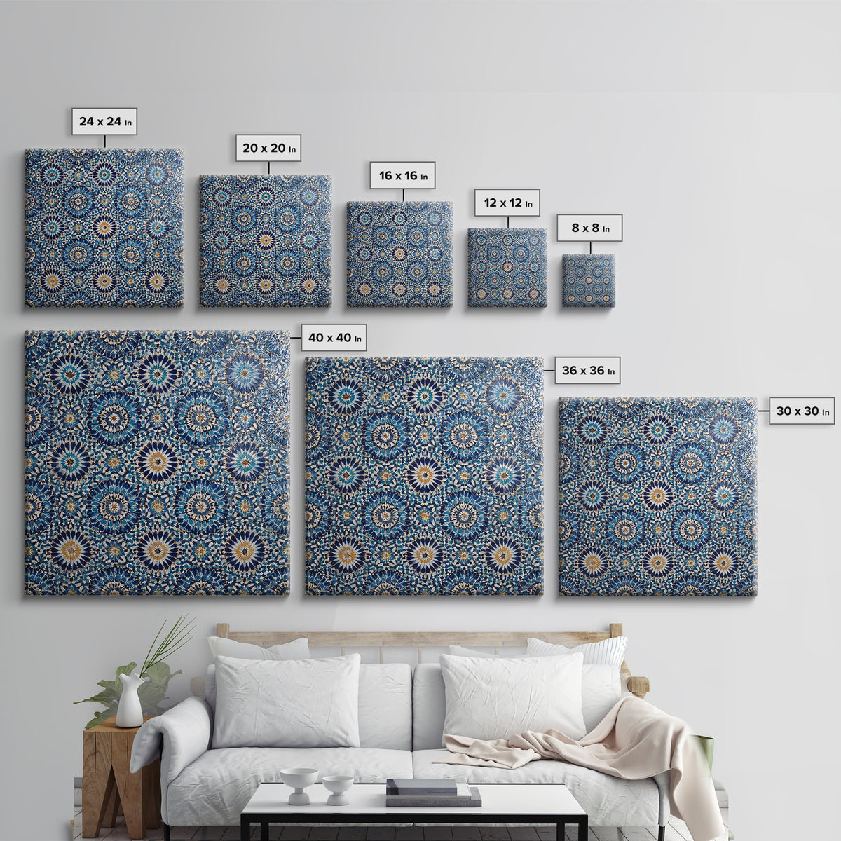 Blue Moroccan Zellige Tile Pattern Wall Art, Geometric Wall Decor, Islamic Home Decor, Mediterranean Canvas Print For Entryway