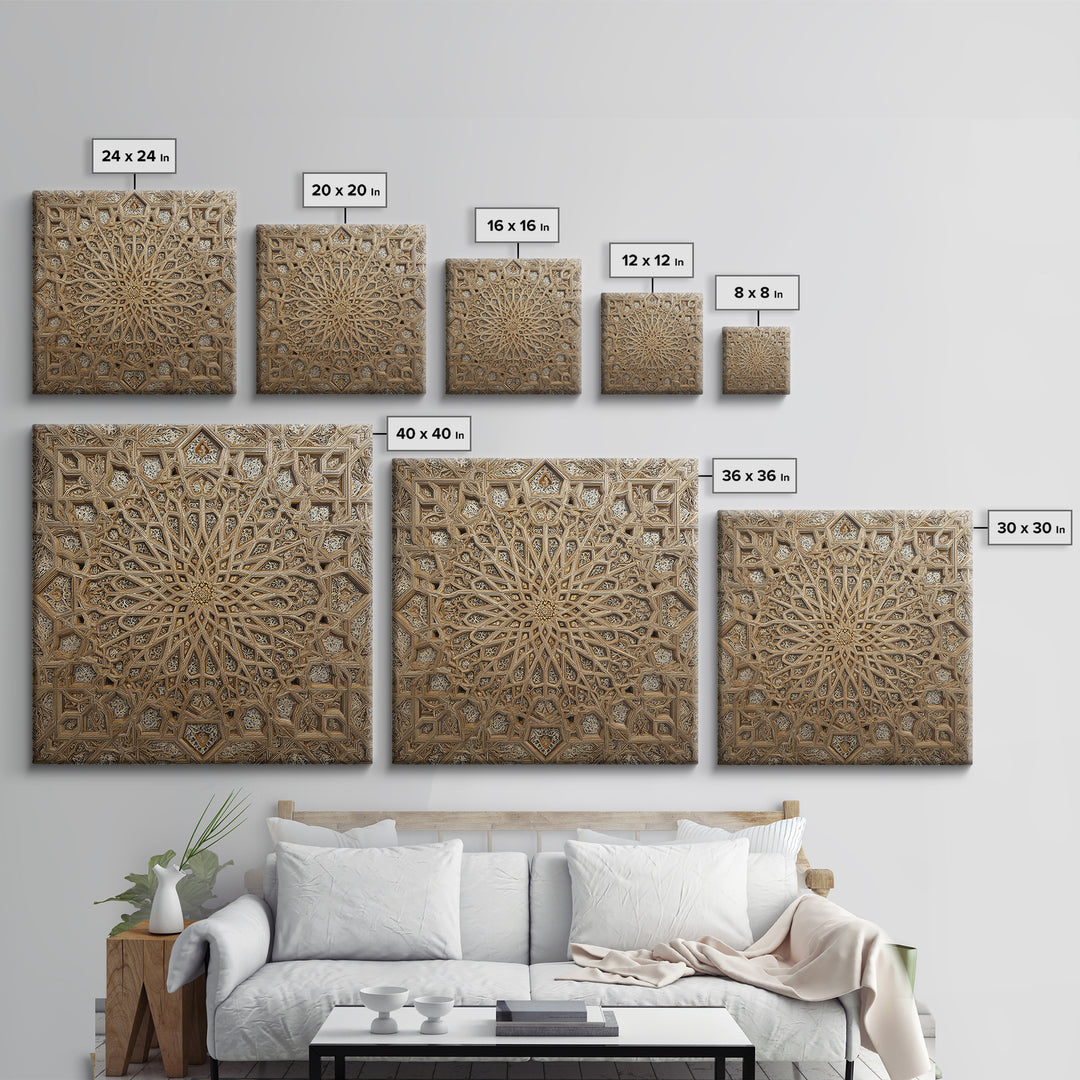 Ornate Islamic Geometric Star Ceiling Wall Art, Moroccan Pattern Framed Canvas Print, Gold Mandala Home Decor For Living Room