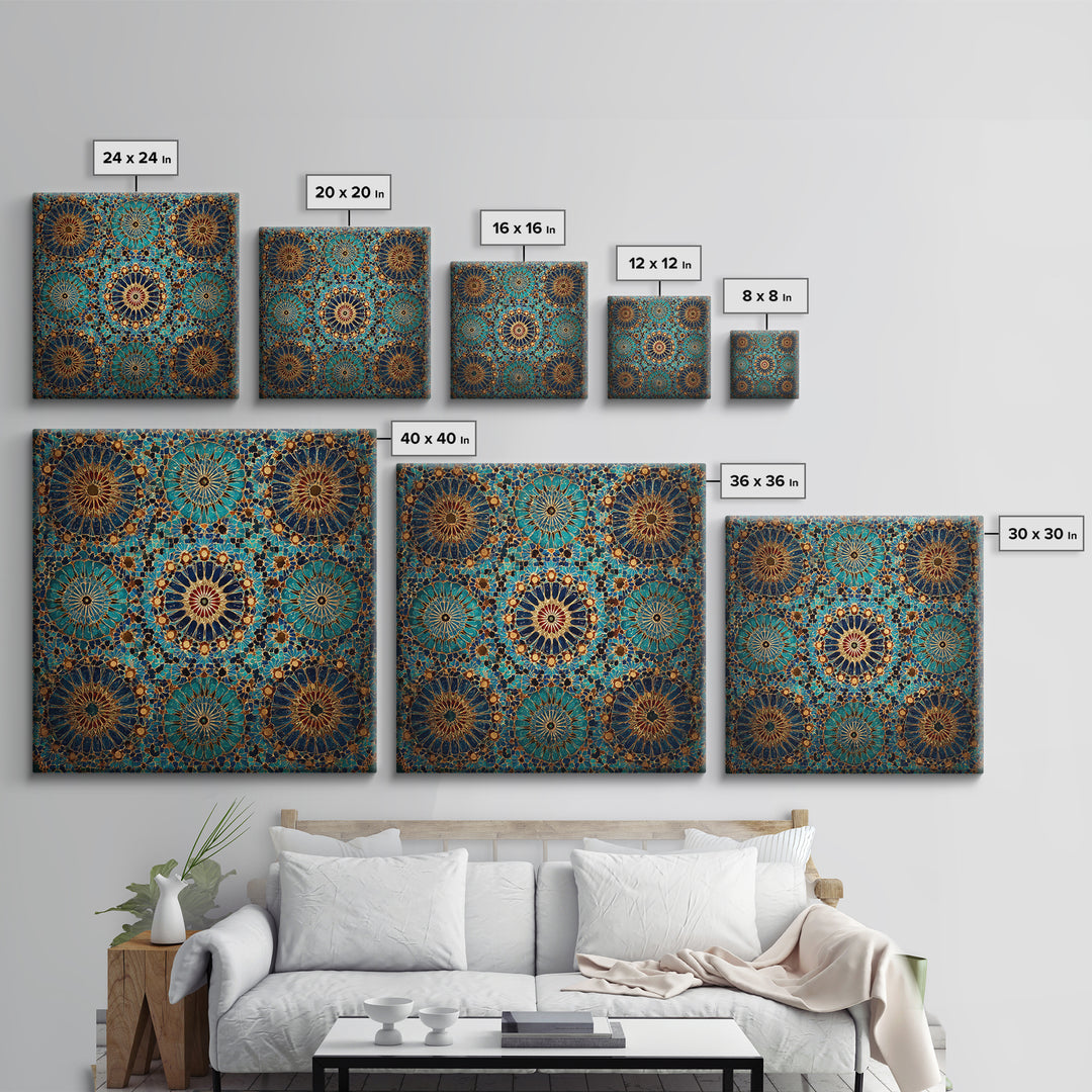 Turquoise Moroccan Tile Mosaic Wall Art, Geometric Islamic Canvas Print, Boho Wall Decor, Mediterranean Home Decor Gift Idea