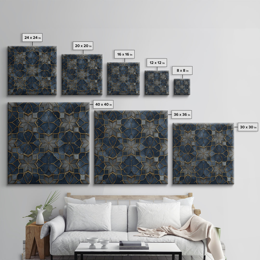 Blue Gold Geometric Tile Pattern Wall Art, Moroccan Art Deco Canvas Print, Luxury Modern Abstract Home Decor Gift For Her