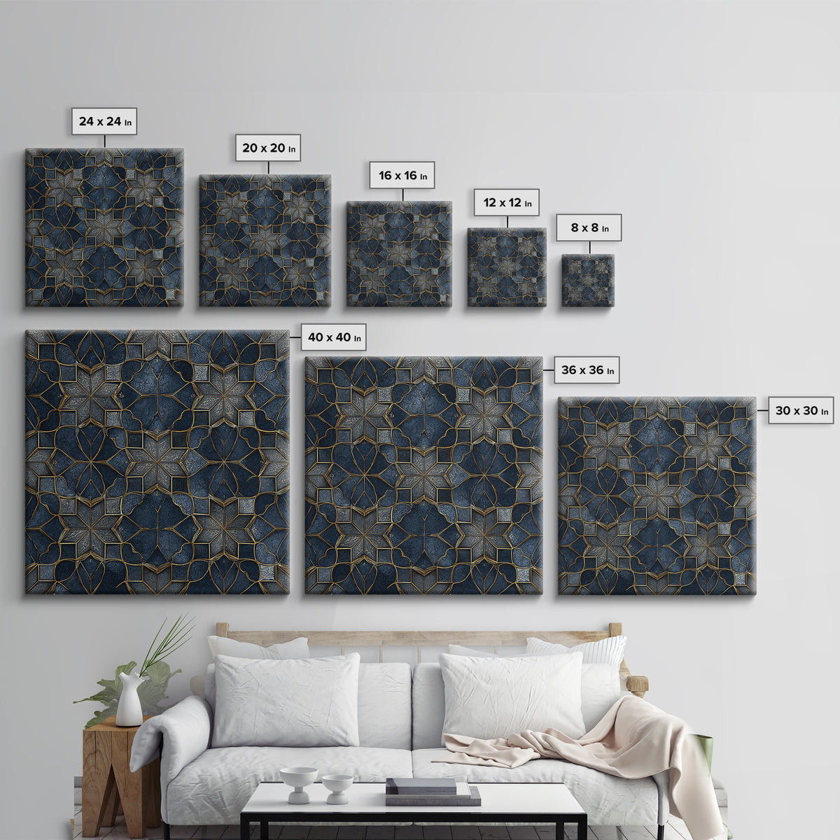 Blue Gold Geometric Tile Pattern Wall Art, Moroccan Art Deco Canvas Print, Luxury Modern Abstract Home Decor Gift For Her