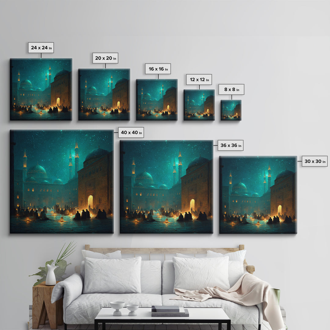 Teal Lantern Prayer Courtyard Wall Art, Islamic Framed Canvas Print, Ramadan Decor, Spiritual Wall Art, Moody Mosque Scene