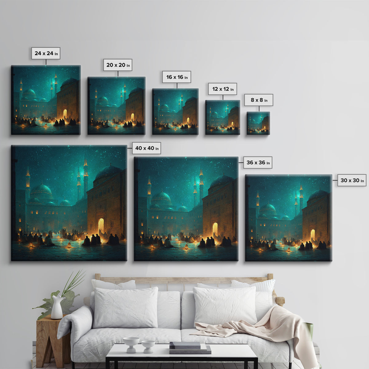 Teal Lantern Prayer Courtyard Wall Art, Islamic Framed Canvas Print, Ramadan Decor, Spiritual Wall Art, Moody Mosque Scene
