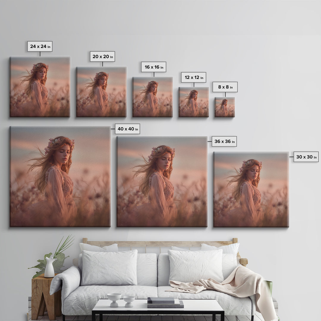 Ethereal Woman In Wildflower Meadow Canvas Print, Romantic Feminine Wall Art, Soft Pastel Bedroom Decor Living Room Gift For Her