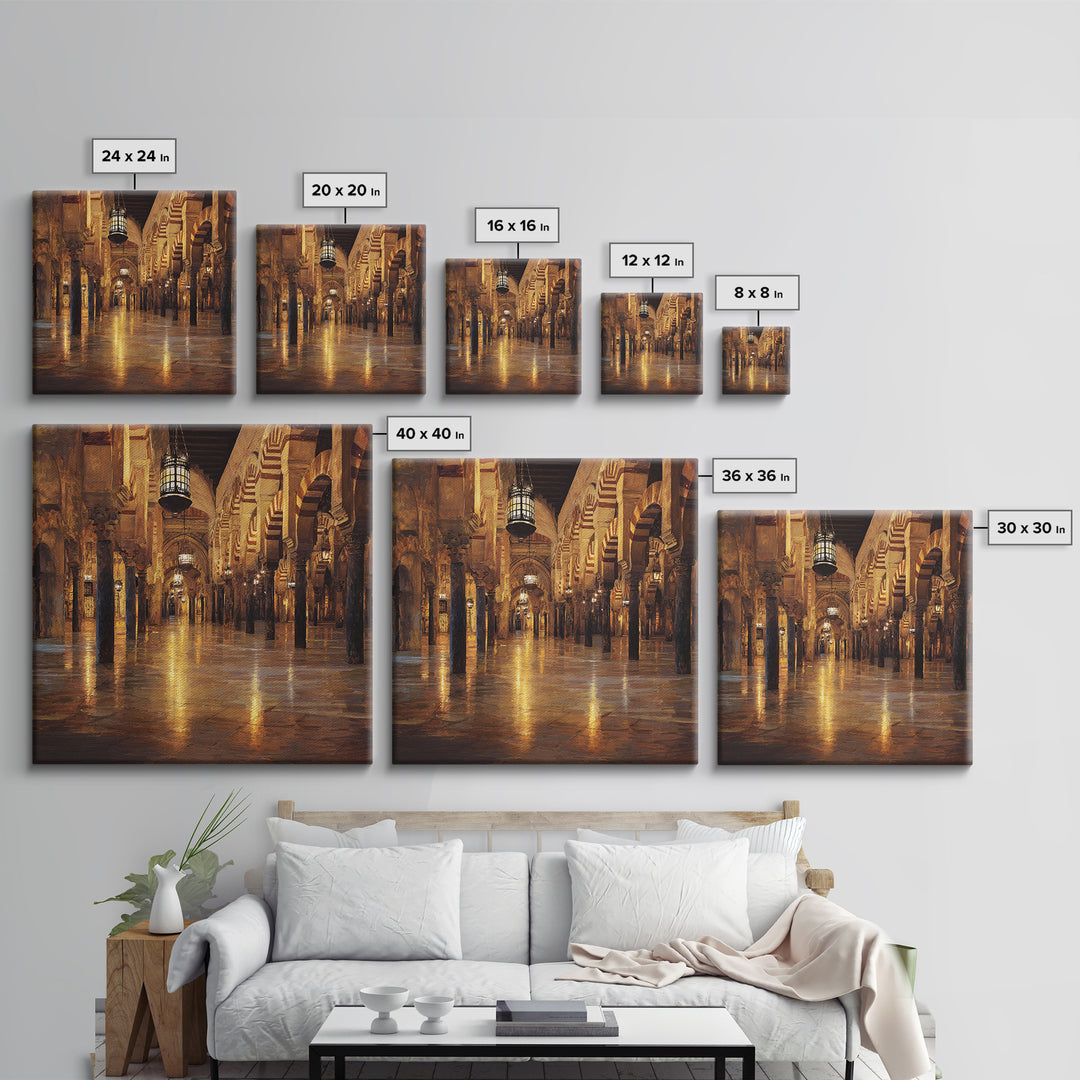 Golden Mosque Corridor Wall Art, Islamic Architecture Print, Moroccan Home Decor, Warm Lantern Canvas For Living Room Decor