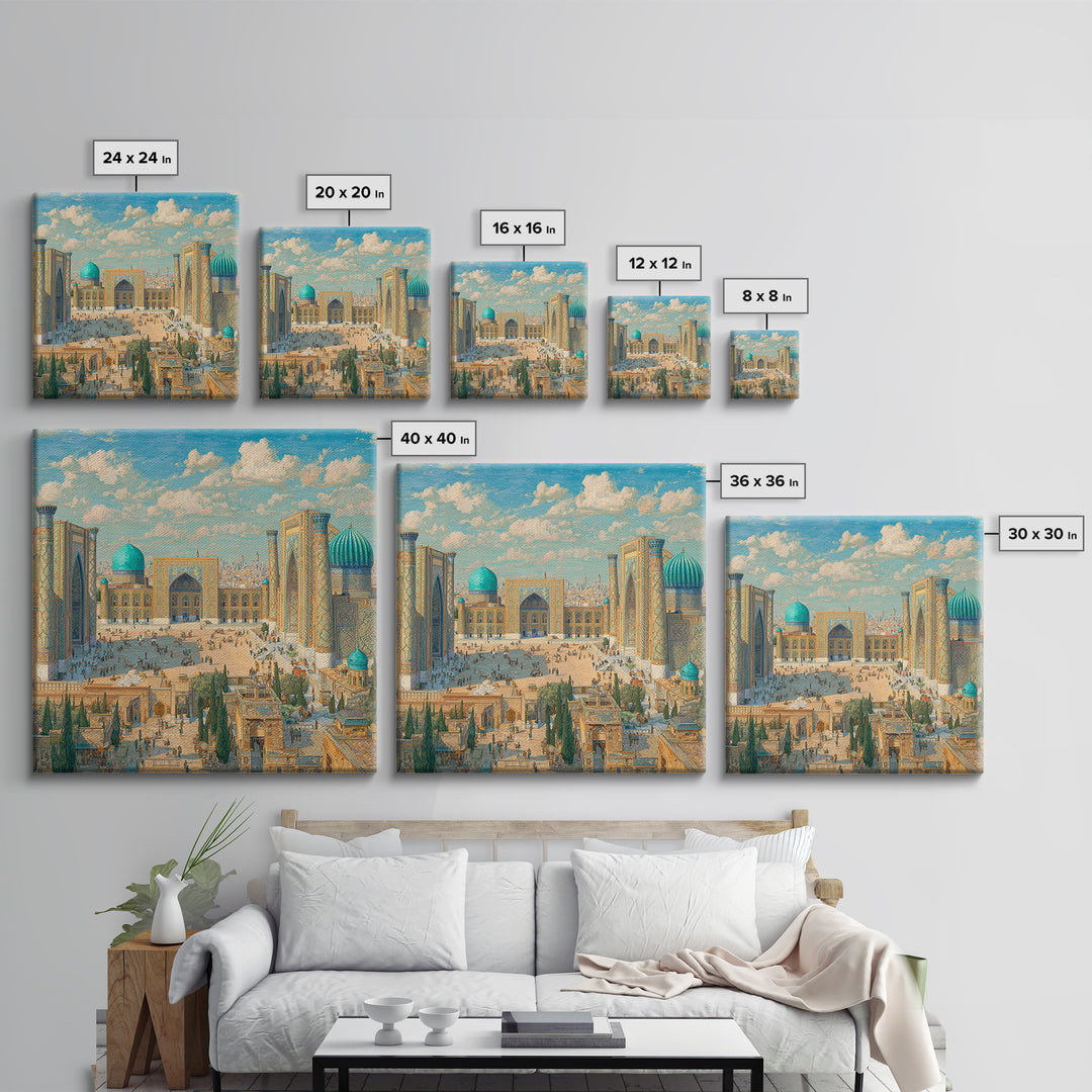 Sunlit Samarkand Mosque Courtyard Wall Art, Islamic Architecture Travel Poster, Blue Tile Decor, Asian Framed Canvas Print