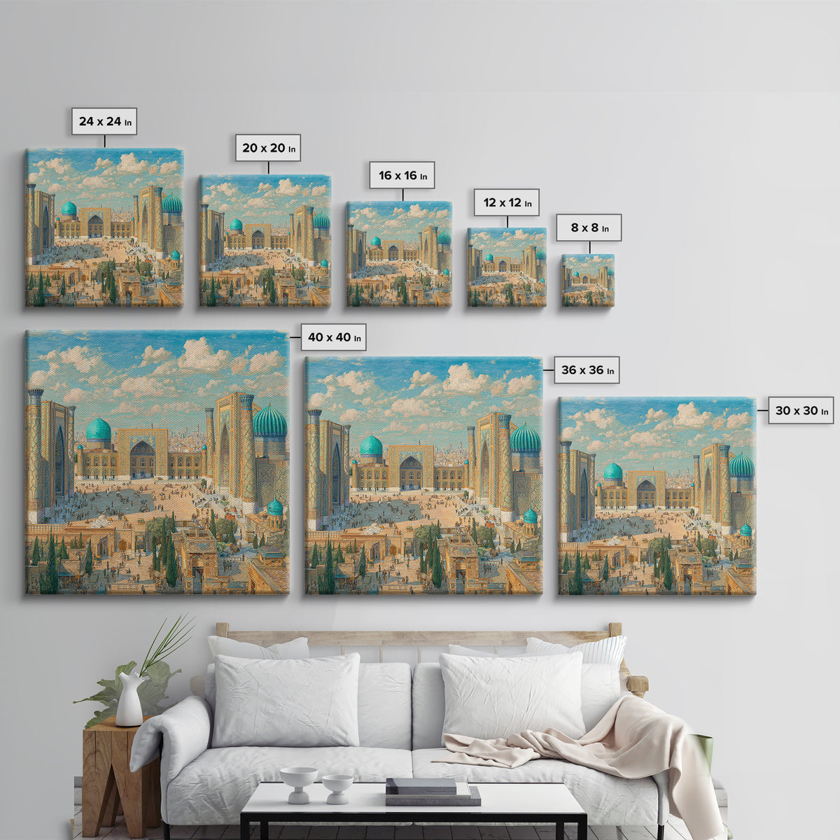 Sunlit Samarkand Mosque Courtyard Wall Art, Islamic Architecture Travel Poster, Blue Tile Decor, Asian Framed Canvas Print