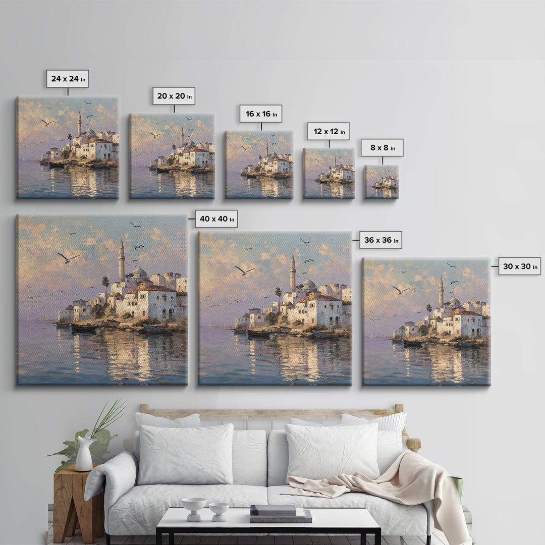 Sunlit Coastal Mosque Village Canvas Print, Mediterranean Seaside Landscape Art, Travel Poster, Coastal Wall Decor For Home