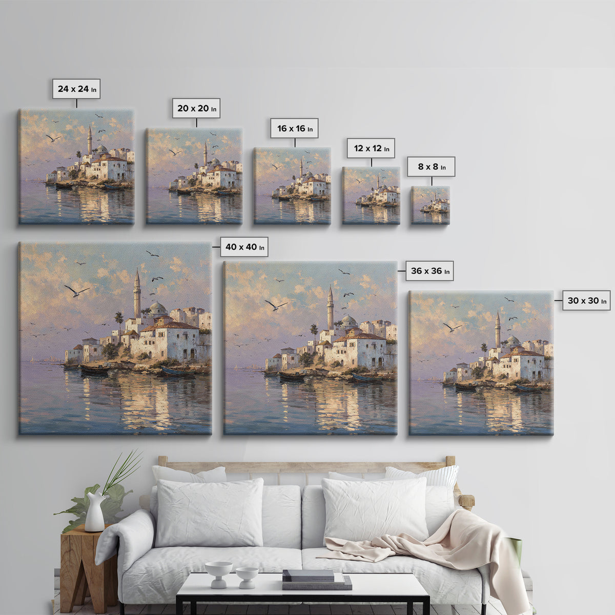 Sunlit Coastal Mosque Village Canvas Print, Mediterranean Seaside Landscape Art, Travel Poster, Coastal Wall Decor For Home
