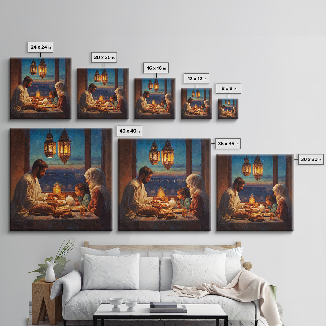 Ramadan Family Iftar By Lanterns Framed Canvas Print, Islamic Home Decor, Warm Dining Room Wall Art, Muslim Gift, Ramadan Eid Decor