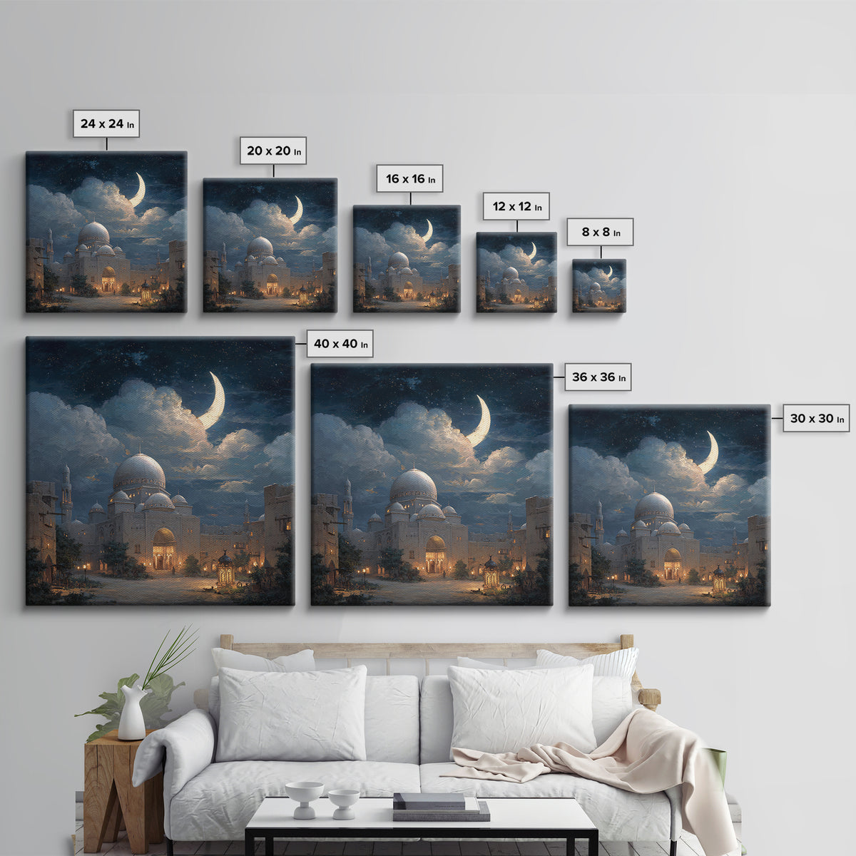 Crescent Moon Mosque Framed Canvas Print, Islamic Architecture Wall Decor, Ramadan Eid Art, Serene Night Sky Home Decor Gift