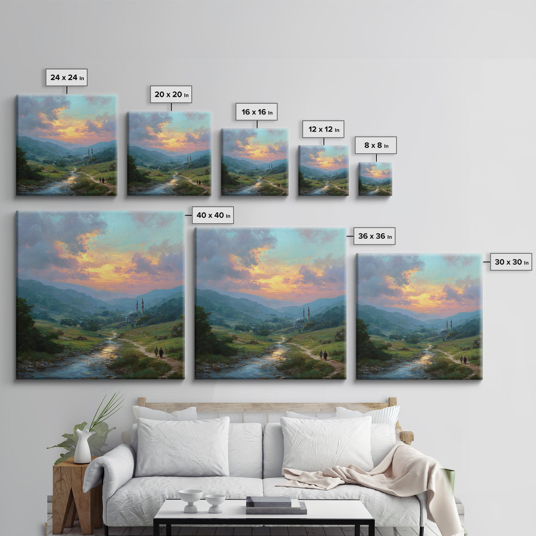 Sunset Valley Mosque And River Landscape Wall Art, Islamic Home Decor, Serene Nature Print, Peaceful Living Room Decor, Housewarming Gift