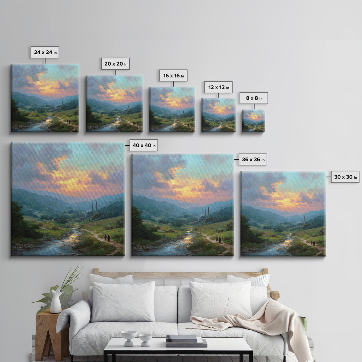 Sunset Valley Mosque And River Landscape Wall Art, Islamic Home Decor, Serene Nature Print, Peaceful Living Room Decor, Housewarming Gift