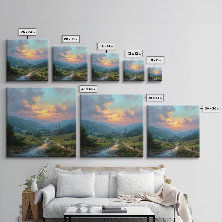 Sunset Valley Mosque And River Landscape Wall Art, Islamic Home Decor, Serene Nature Print, Peaceful Living Room Decor, Housewarming Gift