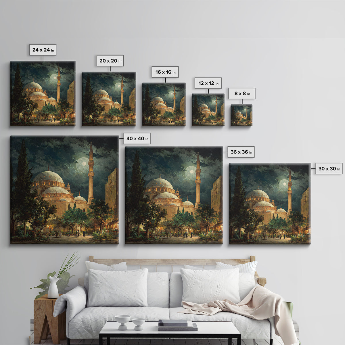Moonlit Mosque Courtyard At Night Wall Art, Islamic Architecture Canvas Print, Ramadan Decor, Prayer Room Poster For Home Decor