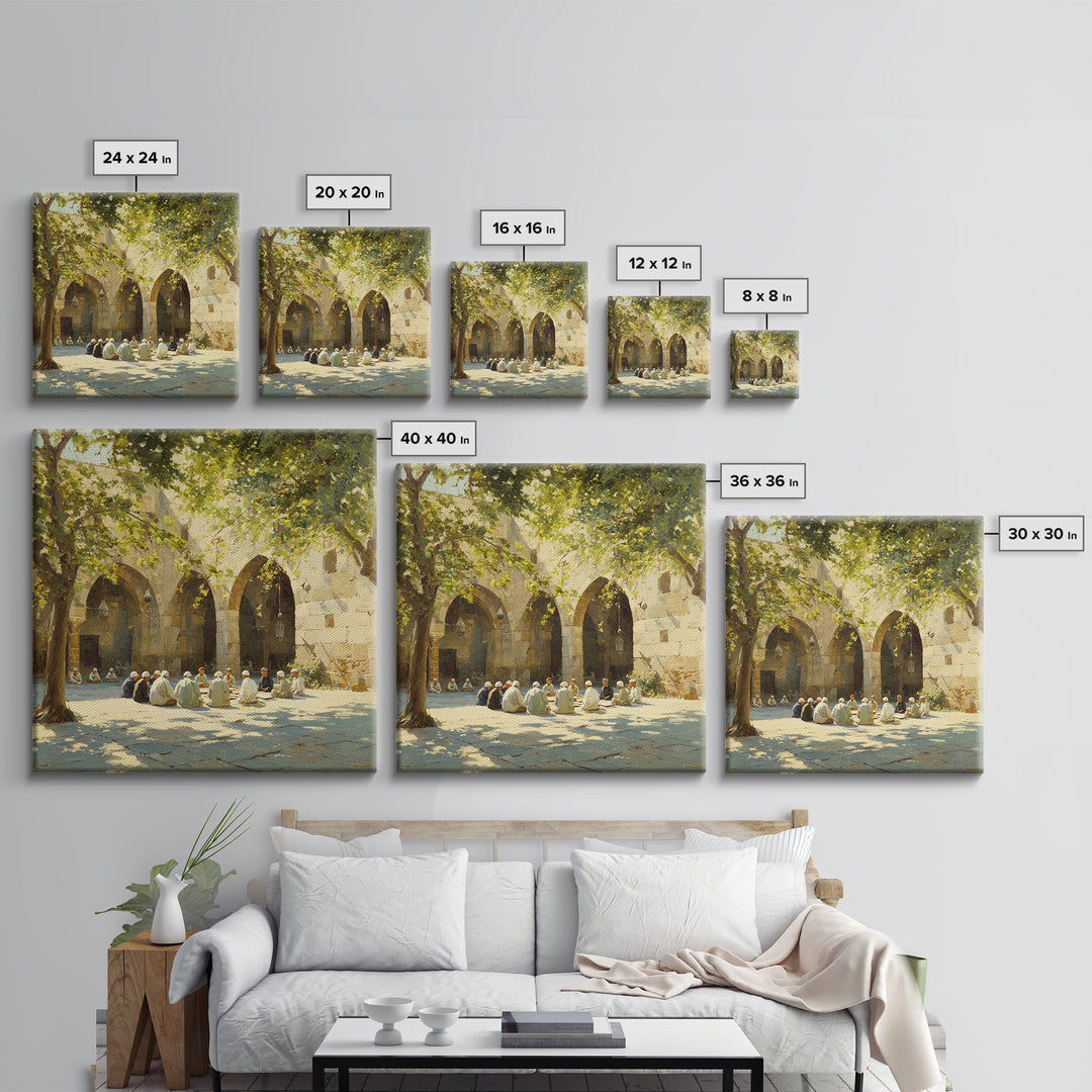 Sunlit Mosque Courtyard Gathering Under Trees Framed Canvas Print, Islamic Wall Art, Arabic Architecture, Serene Home Decor