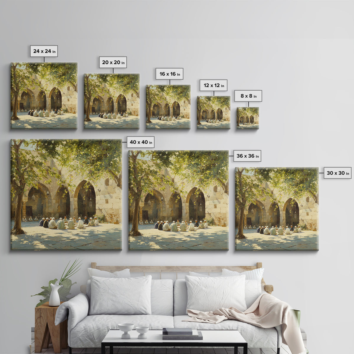 Sunlit Mosque Courtyard Gathering Under Trees Framed Canvas Print, Islamic Wall Art, Arabic Architecture, Serene Home Decor