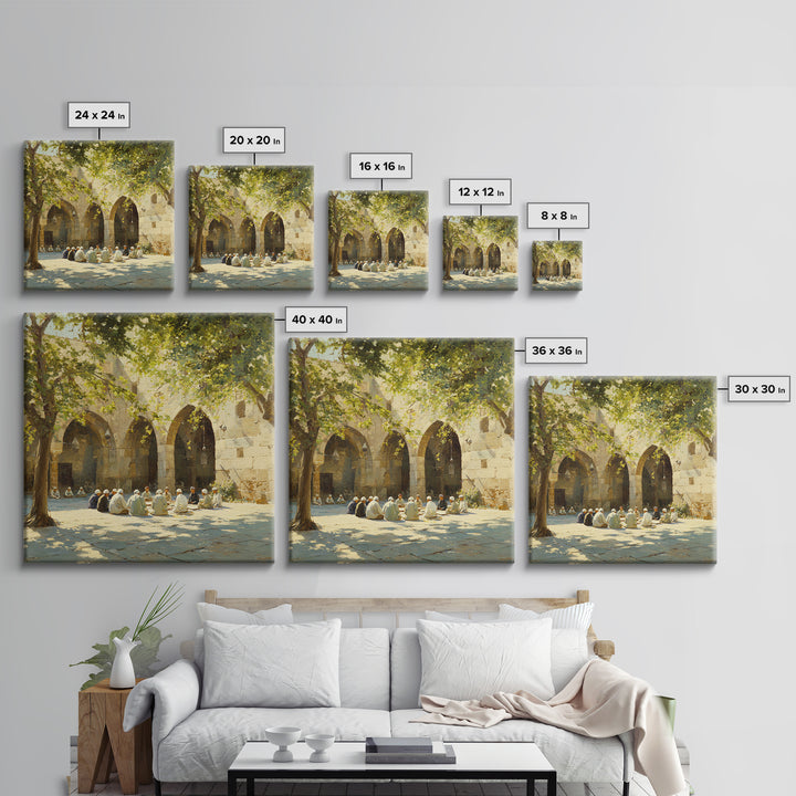 Sunlit Mosque Courtyard Gathering Under Trees Framed Canvas Print, Islamic Wall Art, Arabic Architecture, Serene Home Decor