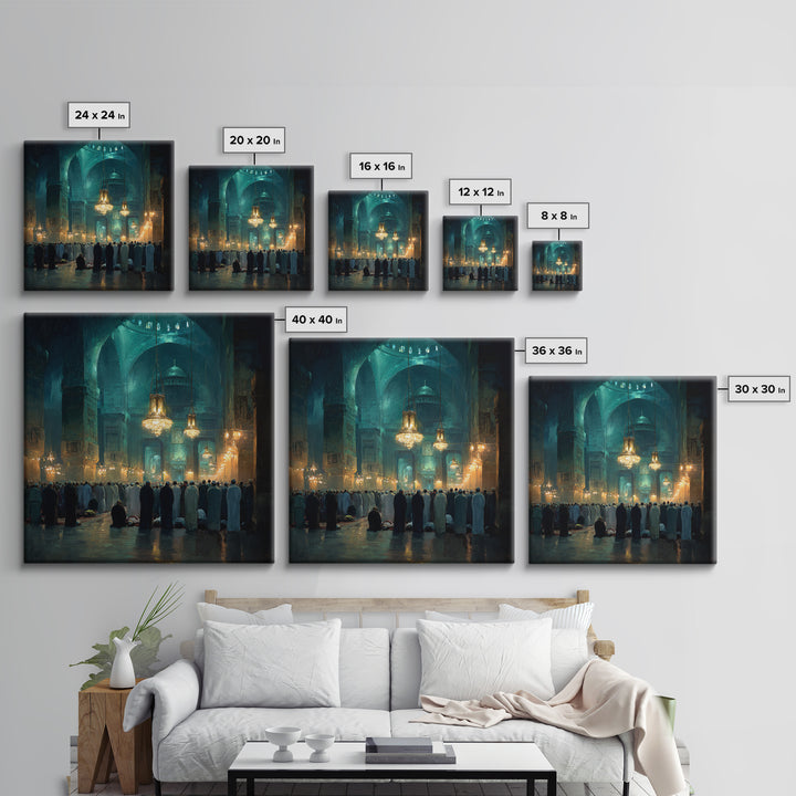 Teal Mosque Prayer Hall With Golden Chandeliers Canvas Print, Islamic Wall Decor, Spiritual Fine Art, Ramadan Gift, Elegant Home Decor
