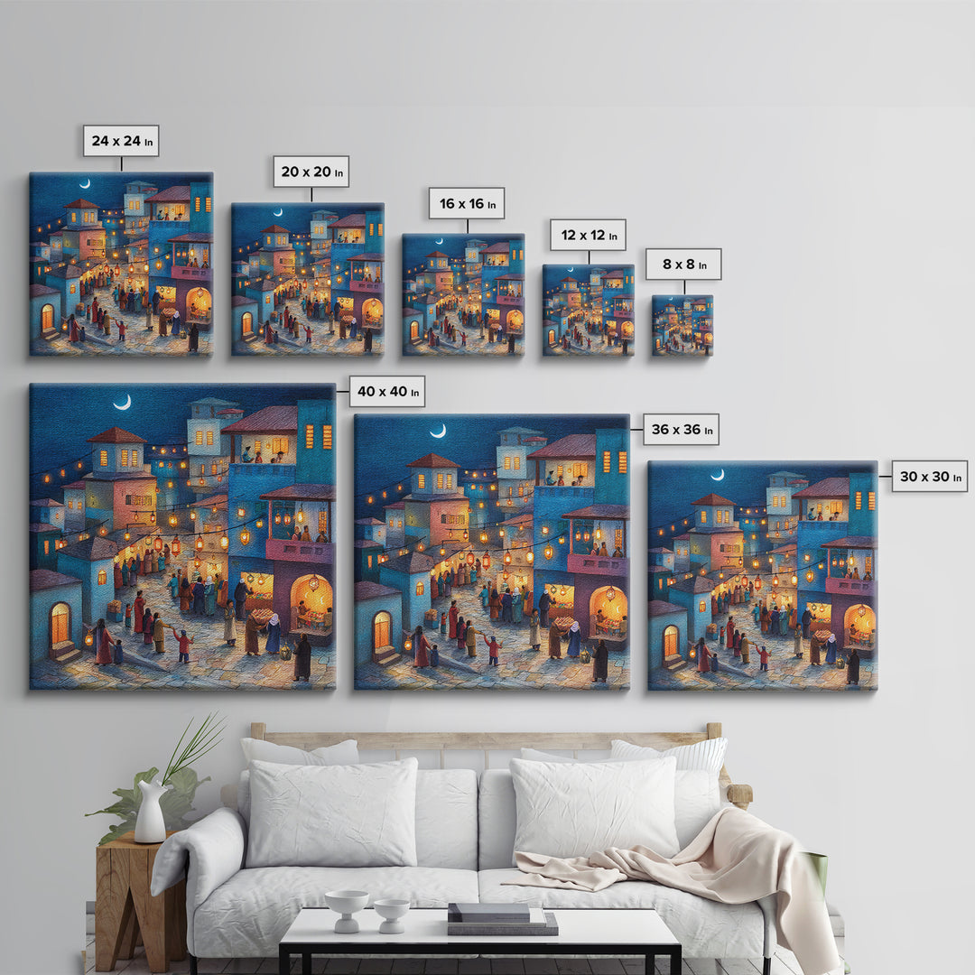 Moonlit Lantern Village Wall Art, Middle Eastern Night Market Canvas Print, Ramadan Decor, Cozy Blue Homes, Housewarming Gift