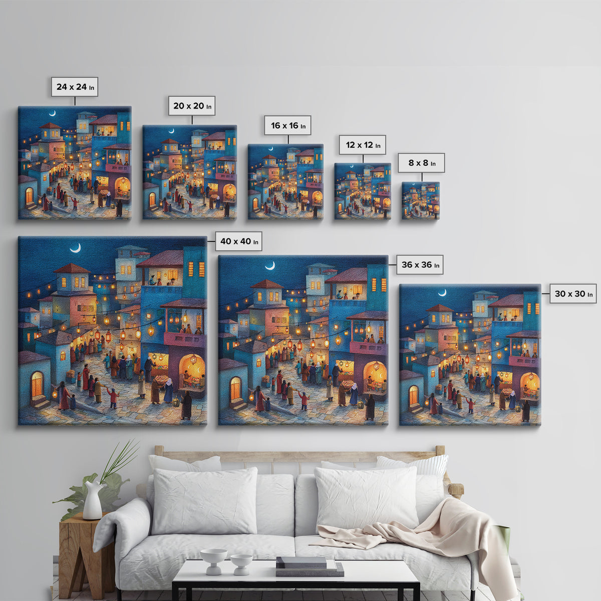 Moonlit Lantern Village Wall Art, Middle Eastern Night Market Canvas Print, Ramadan Decor, Cozy Blue Homes, Housewarming Gift