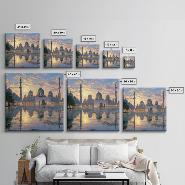 White Grand Mosque At Sunset Framed Canvas Print, Islamic Wall Art, Abu Dhabi Architecture, Spiritual Decor, Luxury Home Decor