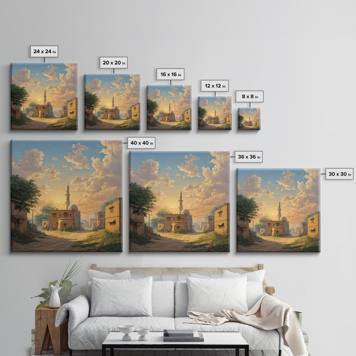 Sunlit Village Mosque At Golden Sunset Wall Art, Islamic Landscape Canvas Print, Rustic Travel Decor, Serene Home Gift For Living Room
