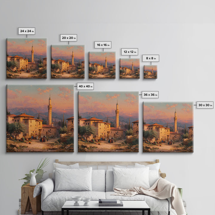 Sunset Village With Minaret Wall Art, Mediterranean Landscape Print, Islamic Architecture Decor, Travel Poster For Living Room