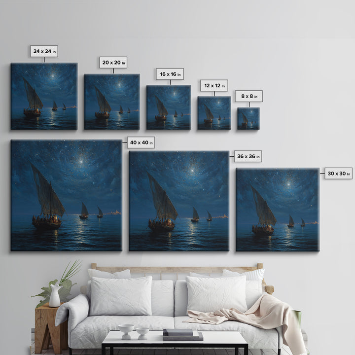 Starry Night Sailboats On Moonlit Sea Wall Art, Nautical Coastal Canvas Print, Ocean Landscape Decor, Romantic Travel Gift