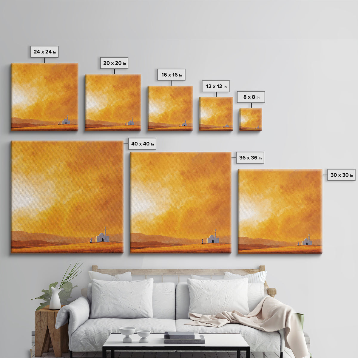 Glowing Orange Desert Mosque Canvas Print, Minimalist Landscape Art, Islamic Wall Decor, Warm Neutral Home Decor Gift Idea