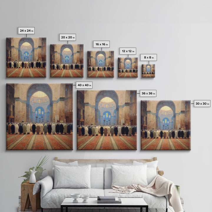 Grand Mosque Prayer Scene Wall Art, Islamic Home Decor, Framed Canvas Print, Spiritual Architecture, Ramadan Gift, Muslim Wall Decor