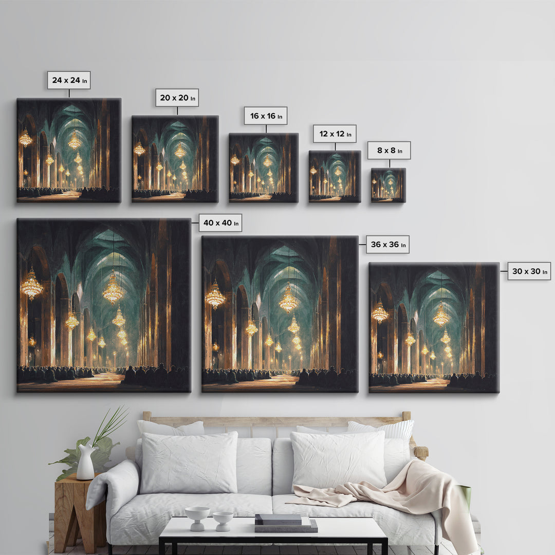 Grand Mosque Chandeliers Canvas Print, Islamic Architecture Wall Art, Spiritual Decor, Prayer Room Art, Elegant Home Decor