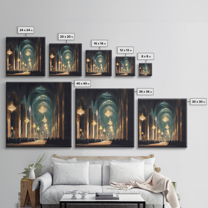 Grand Mosque Chandeliers Canvas Print, Islamic Architecture Wall Art, Spiritual Decor, Prayer Room Art, Elegant Home Decor