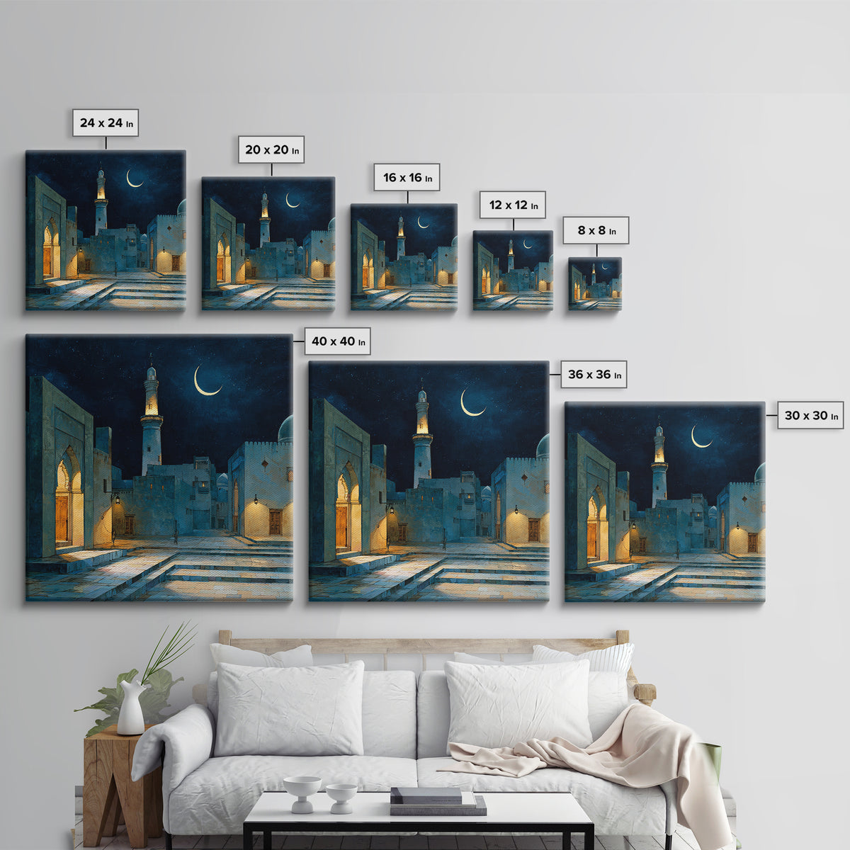 Blue Moonlit Mosque Courtyard With Crescent Moon Wall Art, Islamic Wall Decor, Celestial Night Print, Serene Home Decor Gift