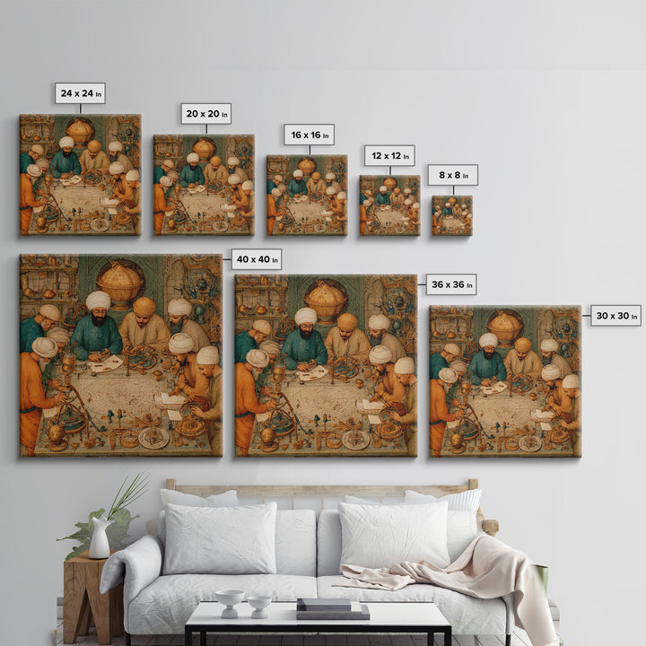 Medieval Astronomers Studying Celestial Maps Wall Art, Islamic Science Illustration Canvas Print For Library Office Decor