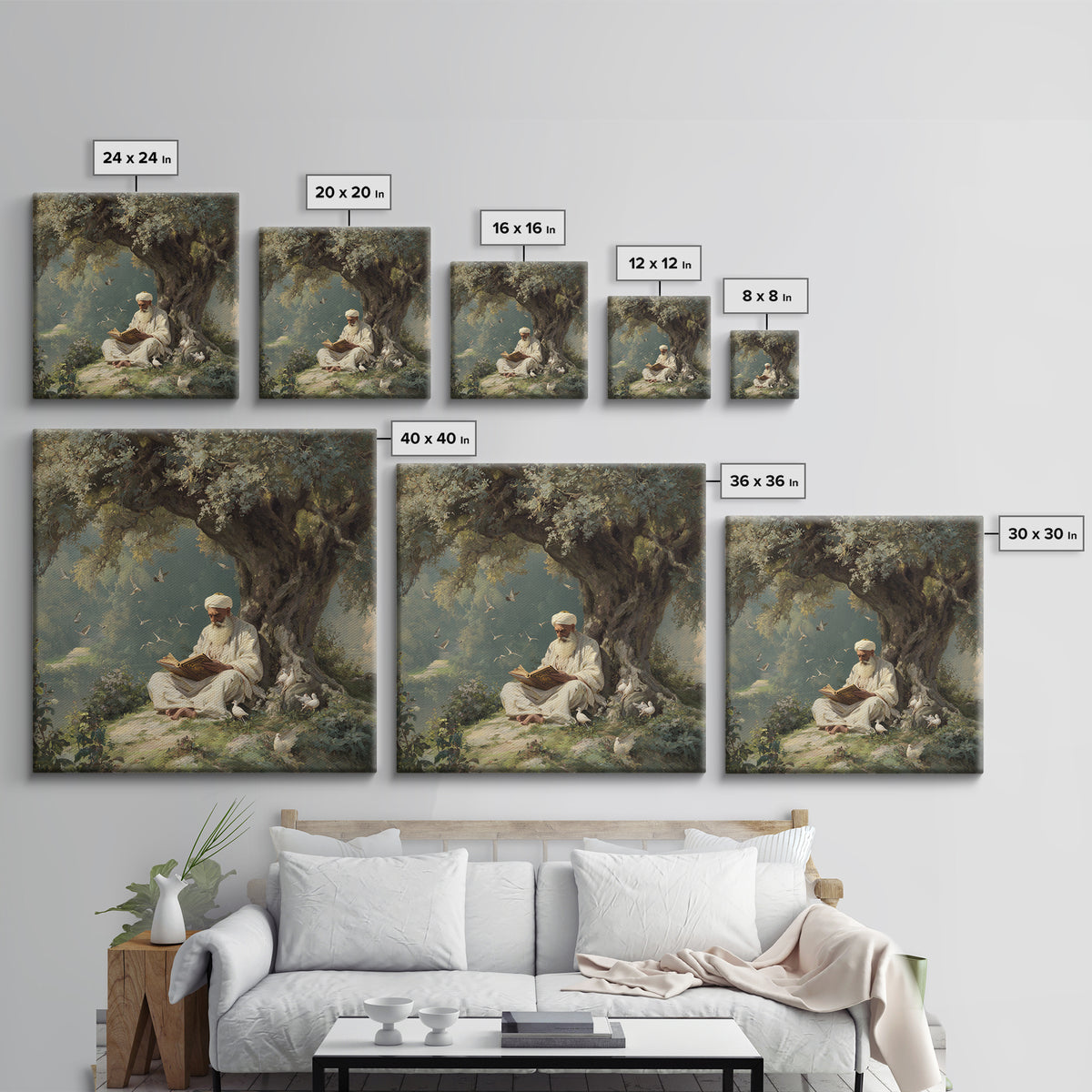 Scholar Reading Beneath Ancient Olive Tree With Doves Canvas Print, Islamic Wall Art, Spiritual Home Decor, Prayer Room Gift