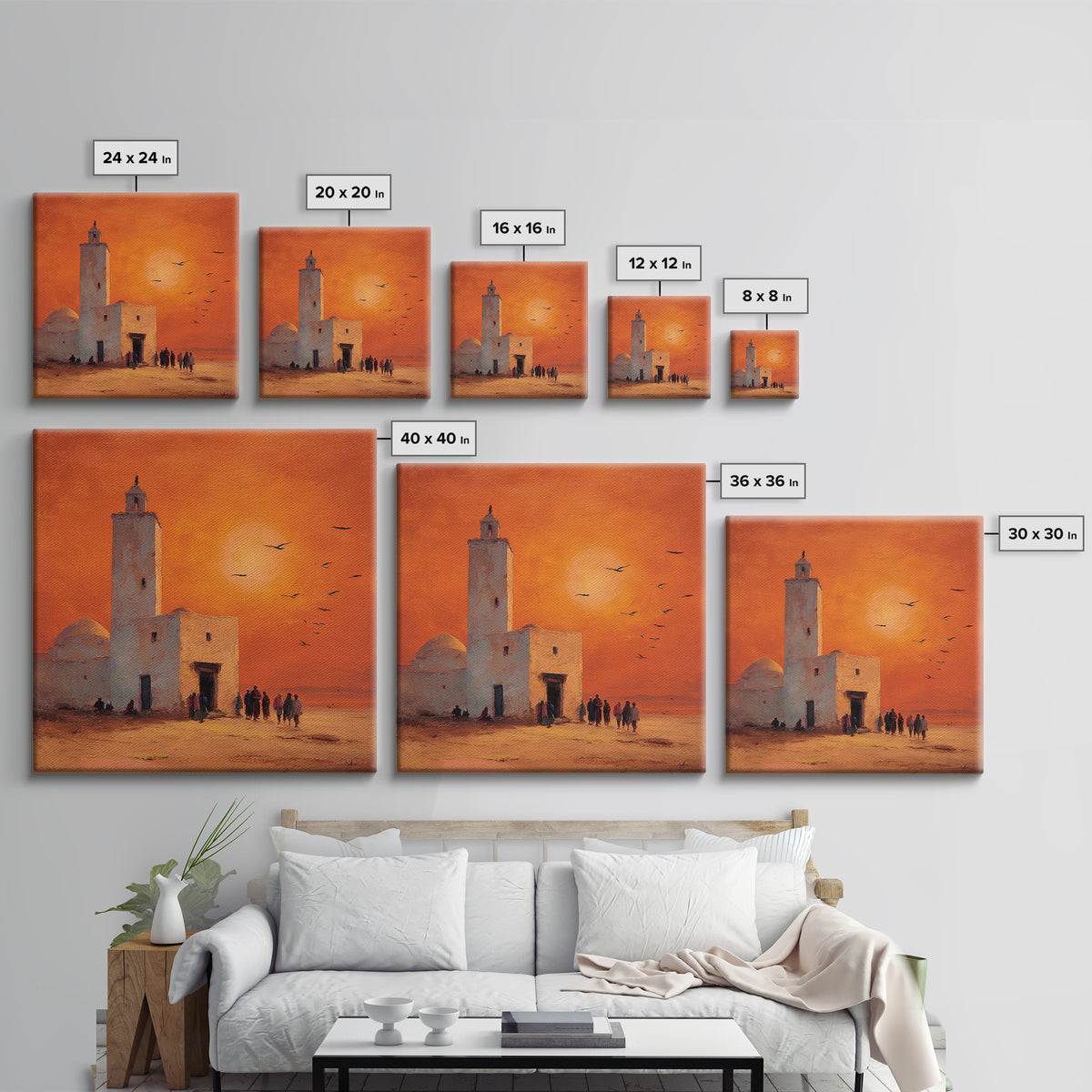 Orange Desert Mosque Sunset With Birds Wall Art, Moroccan Wall Decor, Islamic Home Decor, Travel Poster, Housewarming Gift